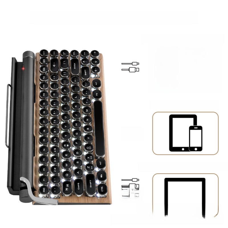 Retro Bluetooth mechanical keyboard punk dot keycap typewriter keyboard green axis cross-border new product source factory Wood White Light