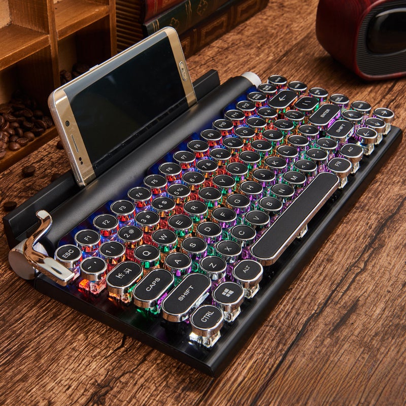 Retro Bluetooth mechanical keyboard punk dot keycap typewriter keyboard green axis cross-border new product source factory Wood White Light