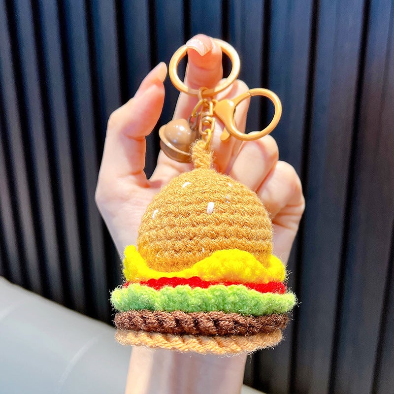 Wool crocheted finished car key chain hand-woven plush hanging decoration card bag pendant small gift wholesale Burger-wool doll - Image 1