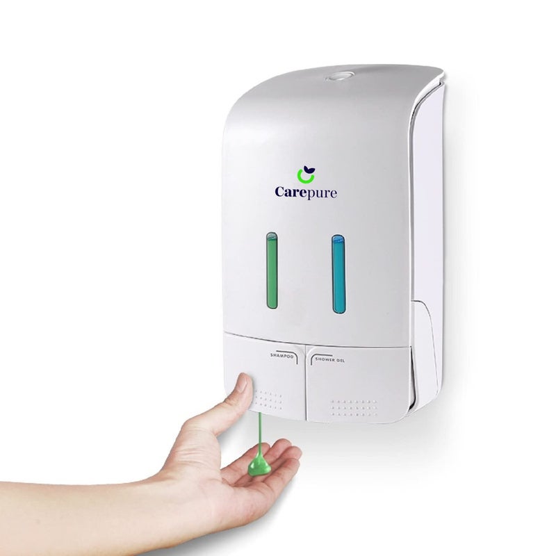 Carepure Dual Twin Manual Liquid Soap Dispenser Wall Mounted Twin Manual Shampoo Shower Gel Soap Hand Sanitizer Plastic Liquid Soap Dispenser Imported 550 x 5501100 ML White - Image 1