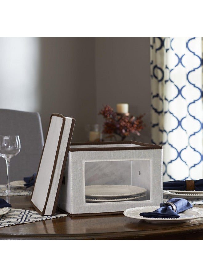 Household Essentials 536 Dinnerware Storage Box with Lid and Handles | Storage Bin for Dinner Plates | Natural Canvas with Brown Trim - Image 1