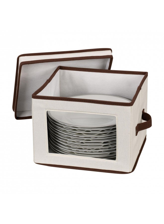 Household Essentials 536 Dinnerware Storage Box with Lid and Handles | Storage Bin for Dinner Plates | Natural Canvas with Brown Trim - Image 4