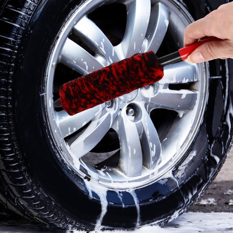 Soft-bristled Car Wheel Brush Tire Cleaner with Red-Black Microfiber Head, Small Size Rim Detailing Brush for Vehicle Wheel Cleaning and Car Care - Image 4