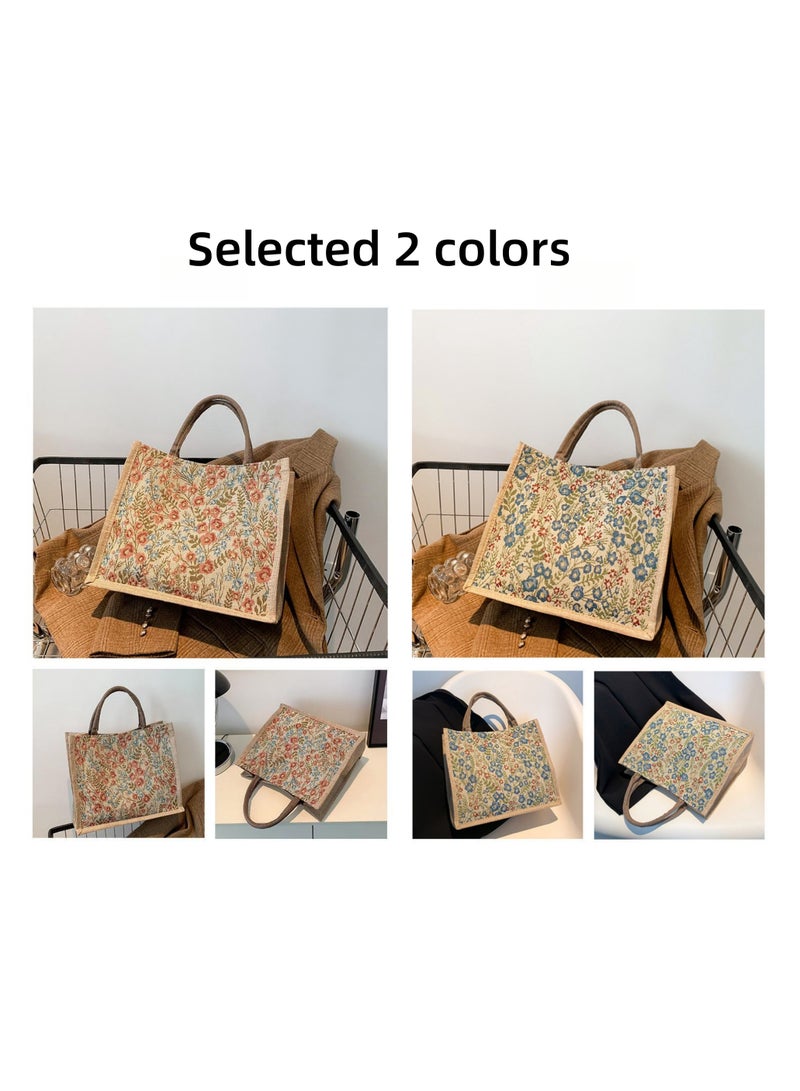 NOVOLAN Canvas Tote Bag Handbag Shoulder Bag, Floral Knitting Pattern, Linen-Like Texture, Vintage-Inspired, Fashionable & Spacious, for Shopping, Travel, or Work, Large Capacity 34x28x15cm (red) - Image 3
