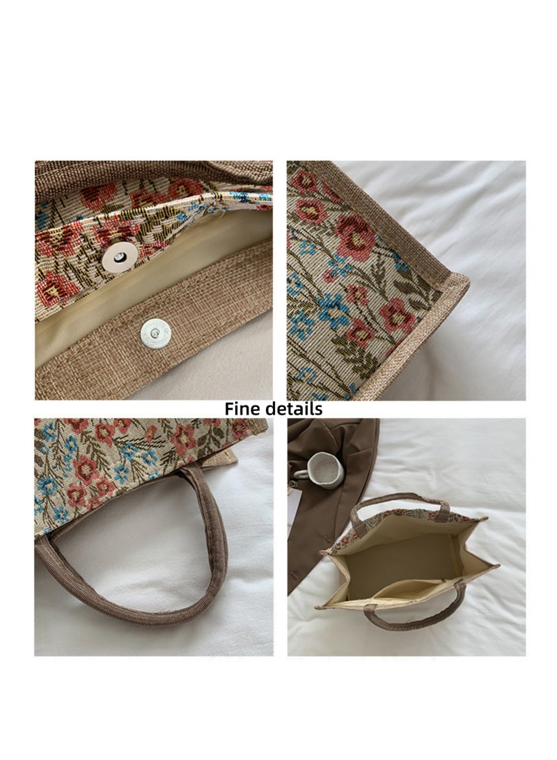 NOVOLAN Canvas Tote Bag Handbag Shoulder Bag, Floral Knitting Pattern, Linen-Like Texture, Vintage-Inspired, Fashionable & Spacious, for Shopping, Travel, or Work, Large Capacity 34x28x15cm (red) - Image 4