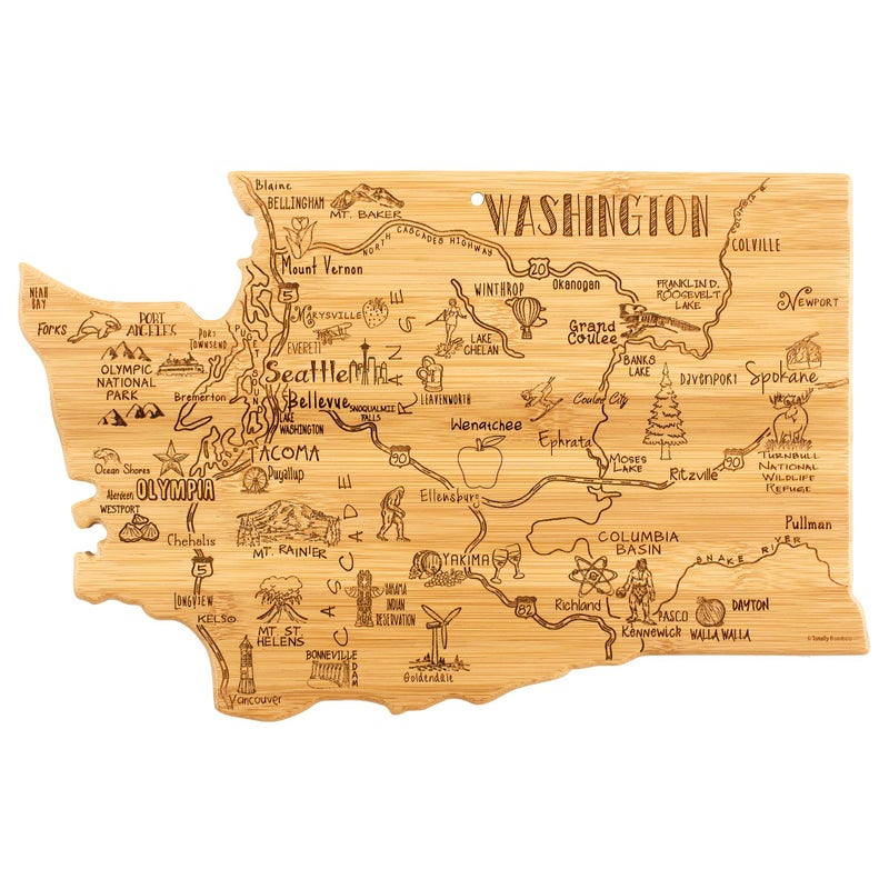 Totally Bamboo Destination Washington State Shaped Serving and Cutting Board Includes Hang Tie for Wall Display