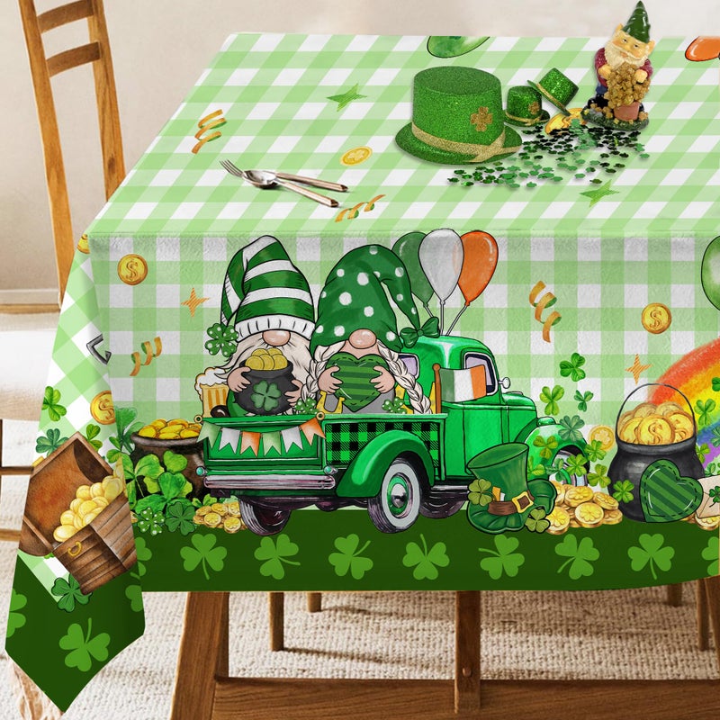 JNDJE St Patricks Day Tablecloth 60Ã—84 Inch, St Patricks Day Decor Table Cloth for Rectangle, St Patricks Green Buffalo Plaid Gnomes Truck Tablecloths Cover Polyester Vintage for Dinner Decorations - Image 1