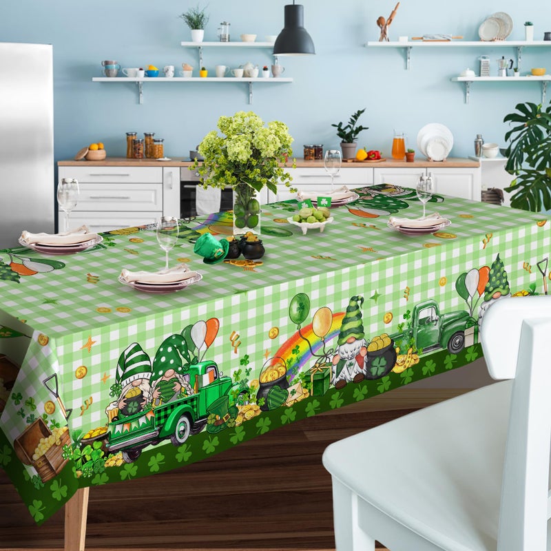 JNDJE St Patricks Day Tablecloth 60Ã—84 Inch, St Patricks Day Decor Table Cloth for Rectangle, St Patricks Green Buffalo Plaid Gnomes Truck Tablecloths Cover Polyester Vintage for Dinner Decorations - Image 5