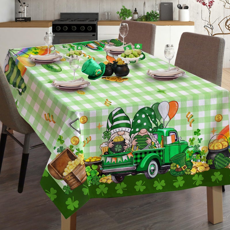 JNDJE St Patricks Day Tablecloth 60Ã—84 Inch, St Patricks Day Decor Table Cloth for Rectangle, St Patricks Green Buffalo Plaid Gnomes Truck Tablecloths Cover Polyester Vintage for Dinner Decorations - Image 2