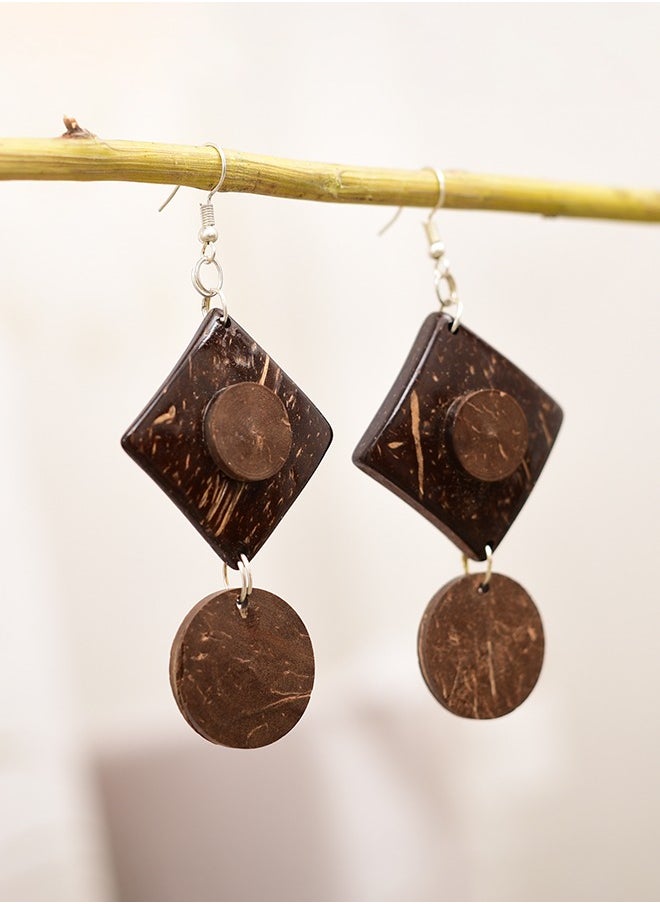 N & H - Eco-friendly Handmade Jewellery Coconut Wooden Earrings Lightweight Hoopwire Earrings Bohemian Pendant Dangle Earrings Set - Image 1