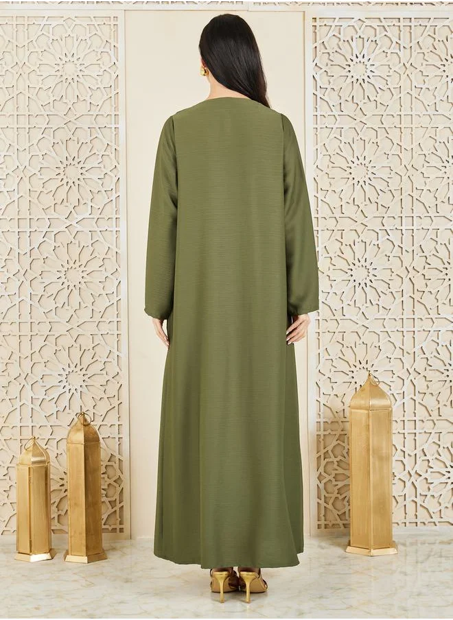 Styli Textured Notch Lapel Neck Abaya