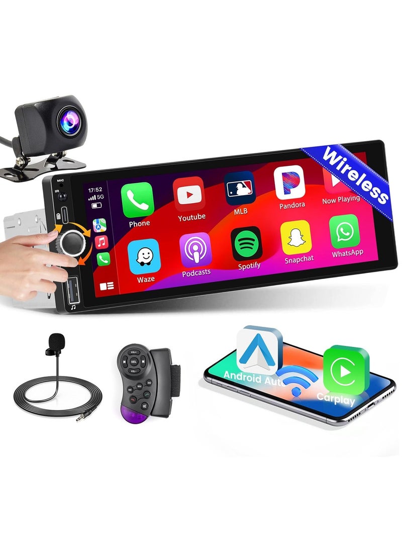 ZESTECH 6.9 Inch Single Din Car Stereo with Wireless Carplay Android Auto HD Touchscreen Radio Receiver with Bluetooth 5.1 Audio FM/RDS EQ SWC Mirror Link AUX/TF/USB Type-C Port Backup Camera  - Image 1
