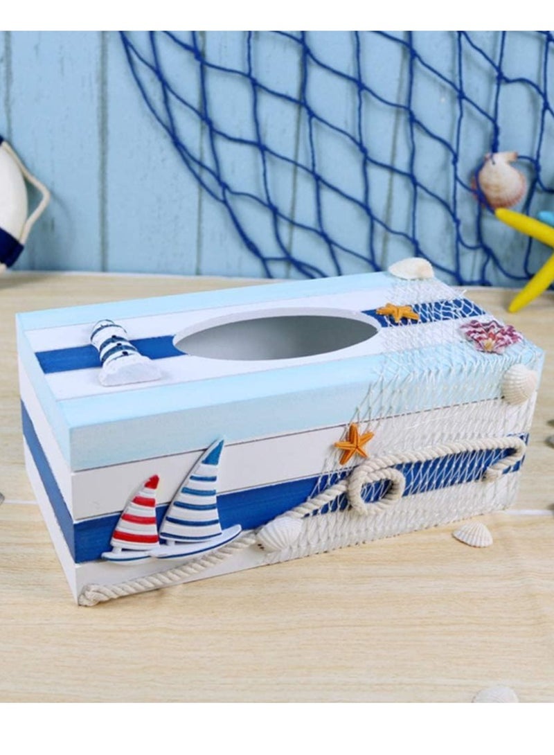 KASTWAVE Wooden Tissue Holder Box Cover Facial Tissue Paper Dispenser Mediterranean Decorative Tissue Box Coastal Beach Nautical Table Decor - Image 5
