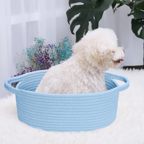 ABenkle Small Basket with Handles - Decorative Durable Rope Woven Storage Bin Shelf Storage Organizer Cube, Easter Baby Gift Basket, 12"x8"x5", Blue - Image 4