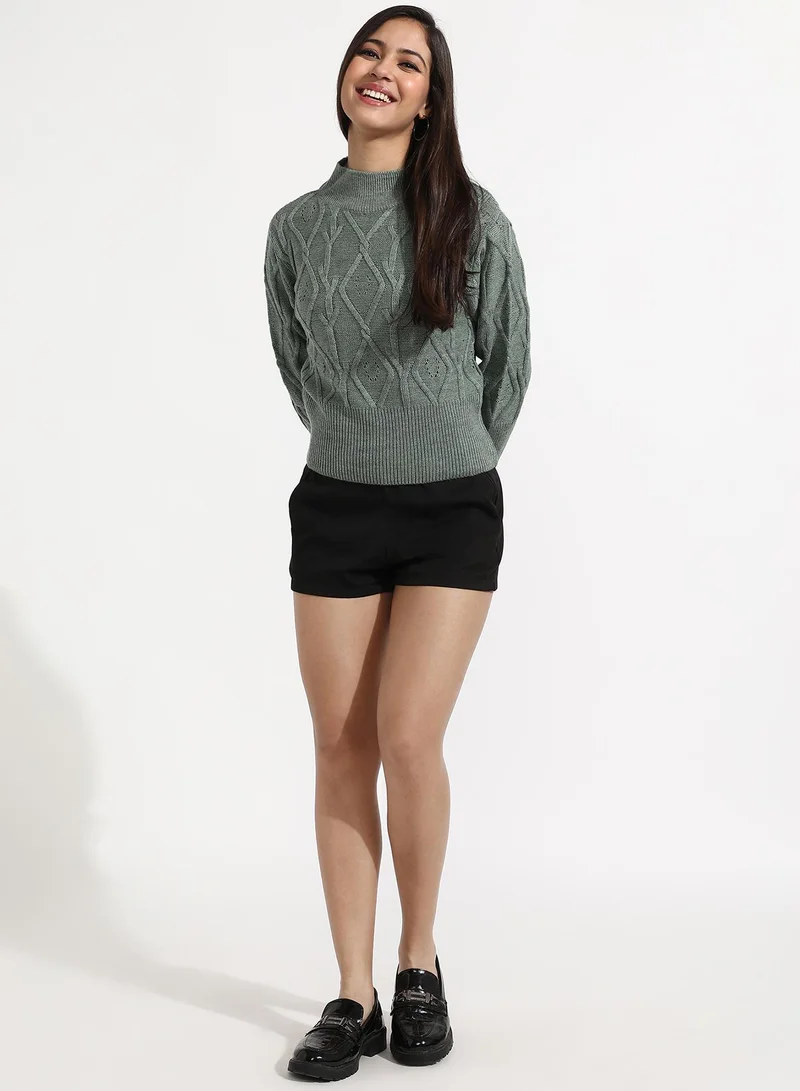 Campus Sutra Women's Sage Green Geometric Knit Sweater