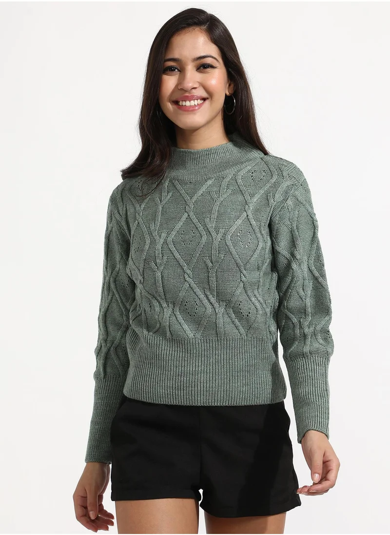 كامبوس سوترا Women's Sage Green Geometric Knit Sweater