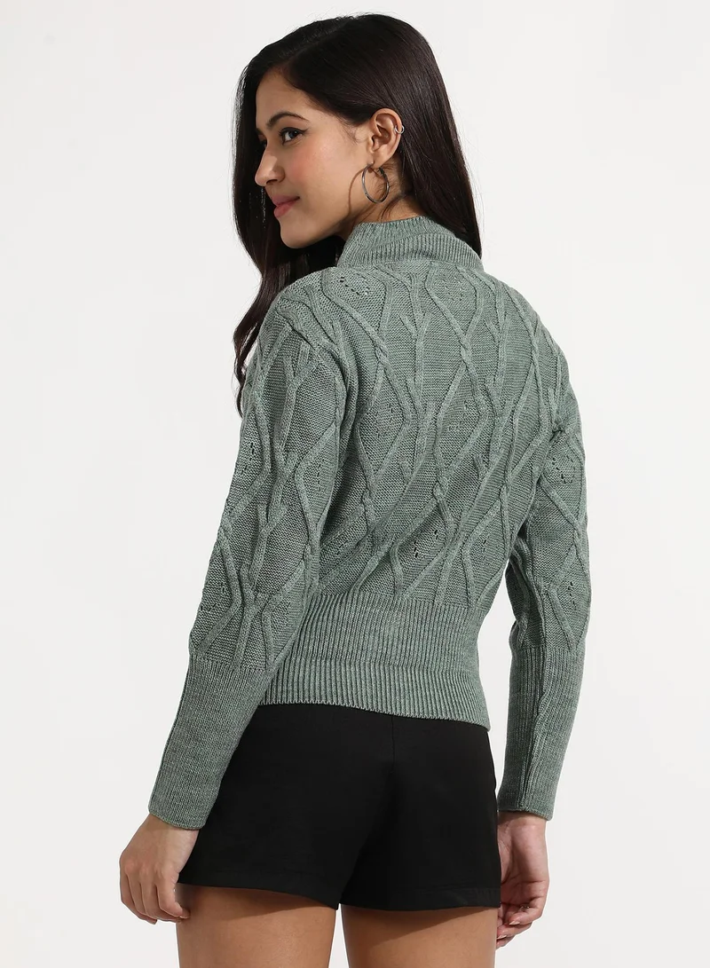 Campus Sutra Women's Sage Green Geometric Knit Sweater