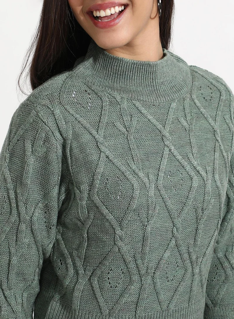 Campus Sutra Women's Sage Green Geometric Knit Sweater