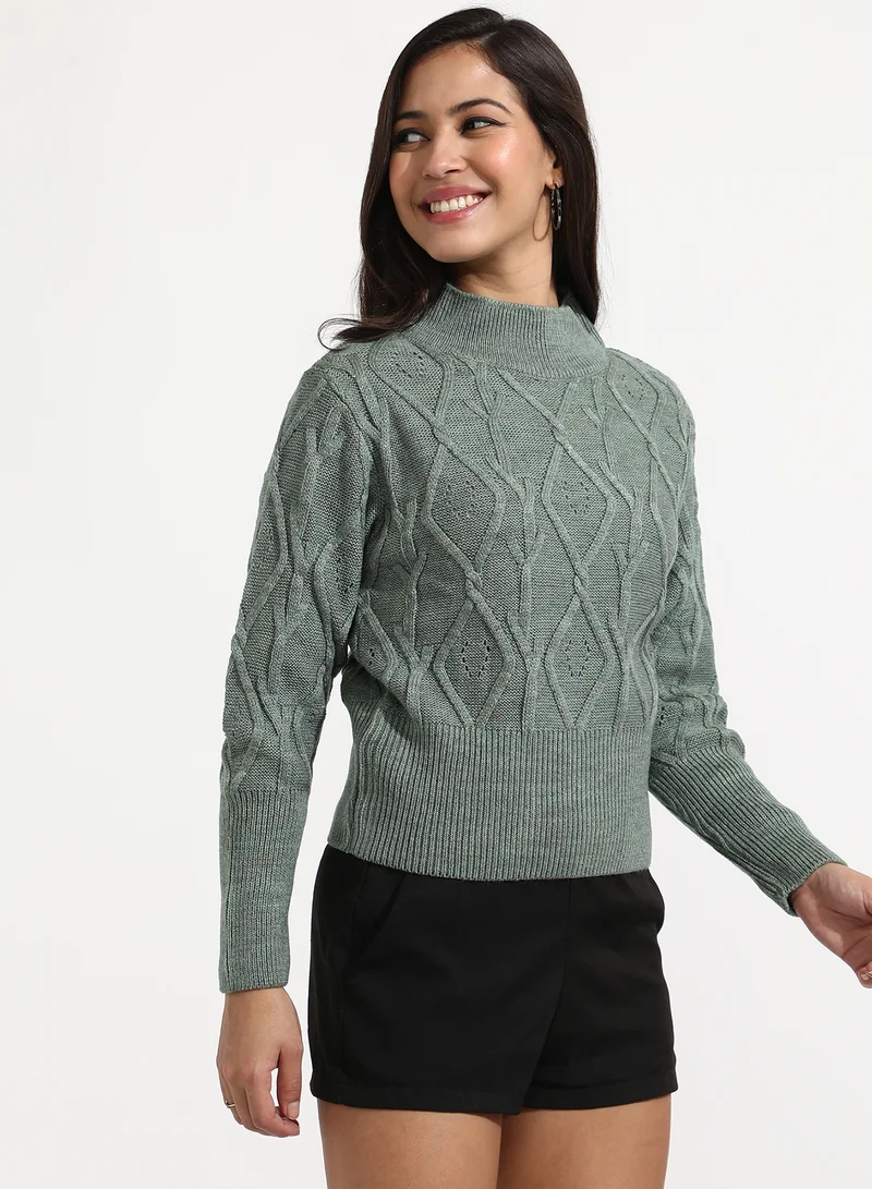 Campus Sutra Women's Sage Green Geometric Knit Sweater
