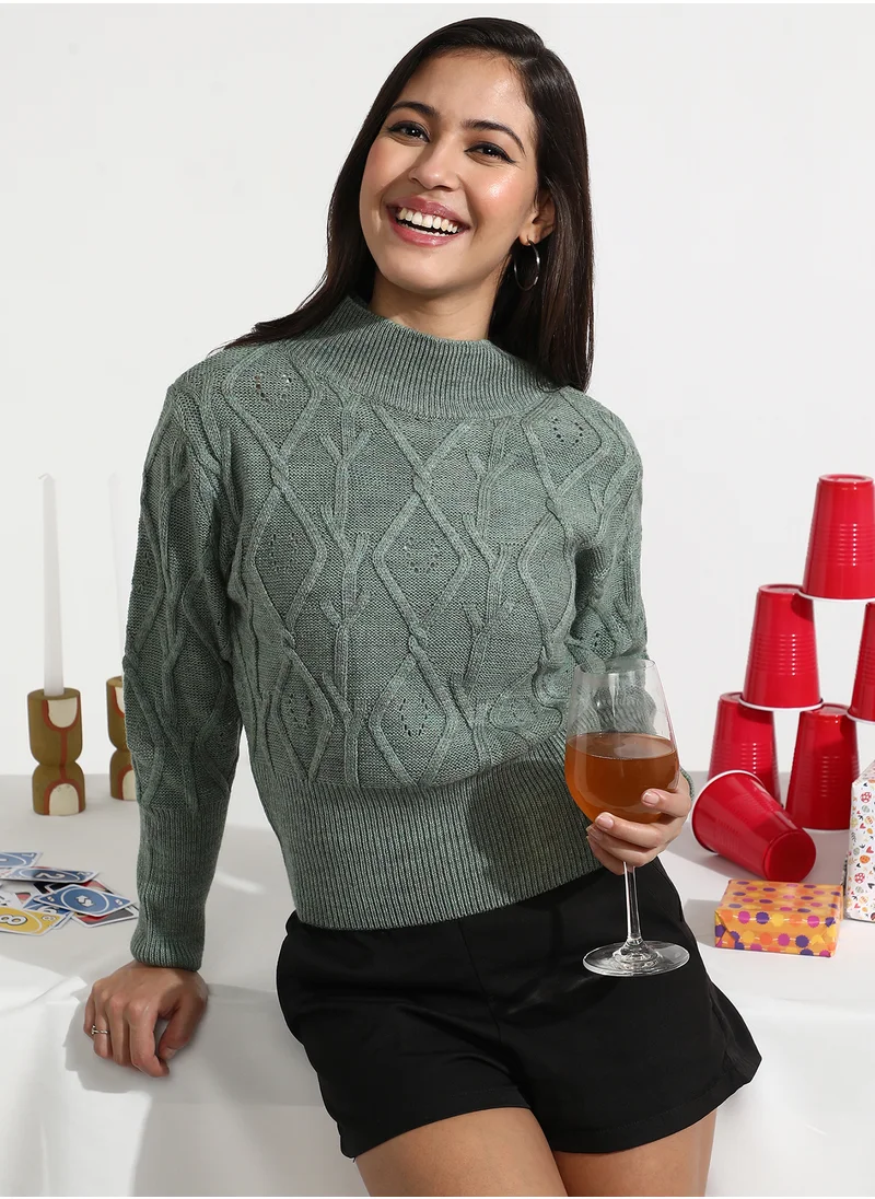Campus Sutra Women's Sage Green Geometric Knit Sweater