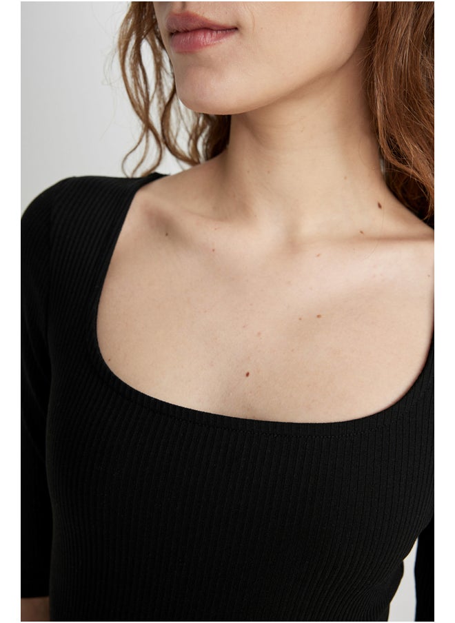 DeFacto - Woman Bodycon Square Neck Long Sleeve Knitted Dress - Image 1
