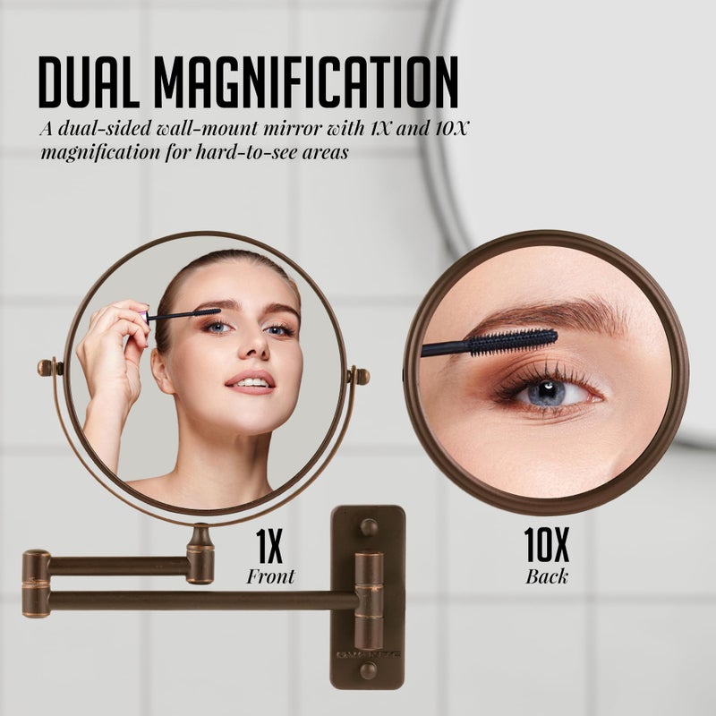 OVENTE 7" Wall Mounted Makeup Mirror with 1X/10X Magnification, Double Sided Magnifying Round Bathroom Vanity Mirror, 360Â° Swivel Design, Extendable and Folding Arm, Antique Bronze MNLFW70ABZ1X10X - Image 2