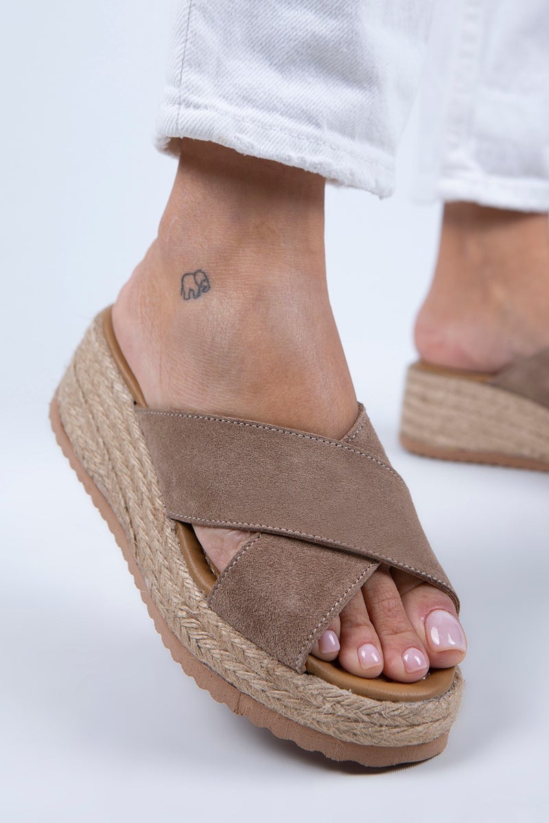 Manijero Tegan Women's Leather Double Band Cross Slippers Mink Suede Slippers - Image 1