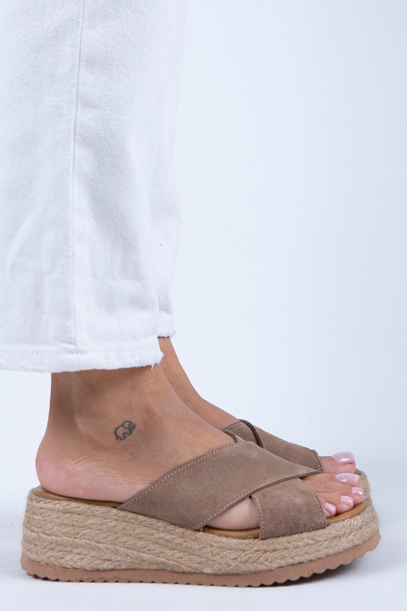 Manijero Tegan Women's Leather Double Band Cross Slippers Mink Suede Slippers - Image 2