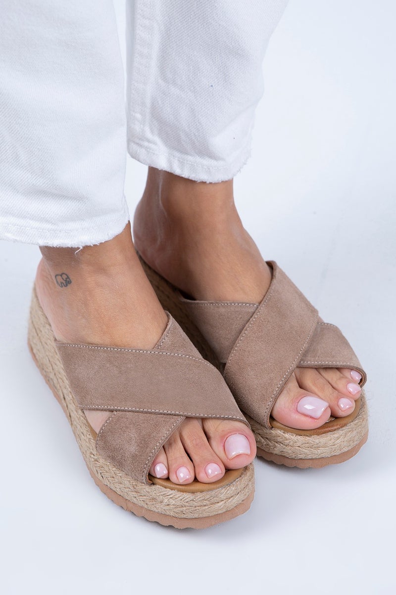 Manijero Tegan Women's Leather Double Band Cross Slippers Mink Suede Slippers - Image 3