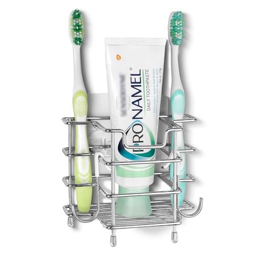 Linkidea Wall Mount Toothbrush Holder for Shower, Stainless Steel Toothpaste Stand, Self Adhesive/Countertop 3 Slots Organizer Compatible with Colgate Extra Clean, Oral-B CrossAction - Image 1