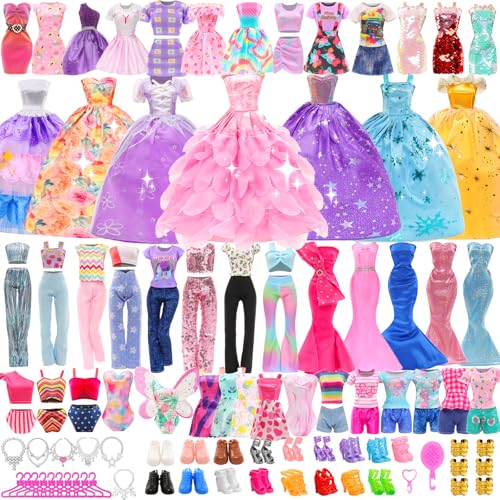 ENOCHT 57 PCS Doll Clothes and Accessories 3 Wedding Gowns 3 Tops 3 Pants 3 Fashion Dresses 1 Evening Dresses 2 Swimsuits Bikini 6 Braces Skirt 10 Hangers 15 Shoes and 14 Accessories Toys for 11.5 inch Doll - Image 1