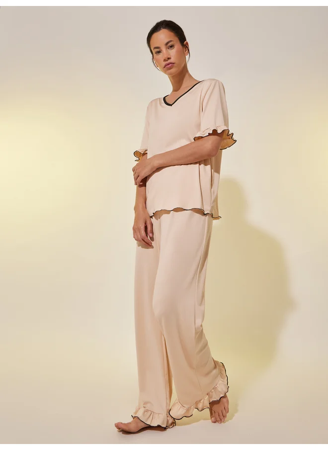Take Two Take Two Solid V Neck Ruffled Top and Joggers Set