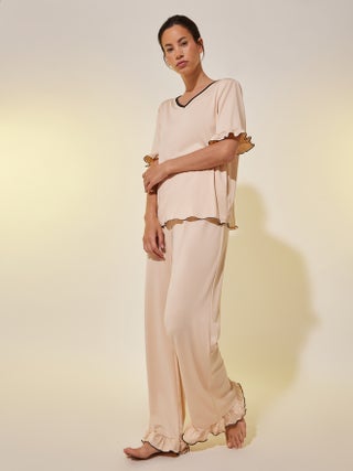 Solid V Neck Ruffled Top and Joggers Set