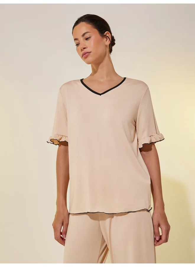 Take Two Take Two Solid V Neck Ruffled Top and Joggers Set