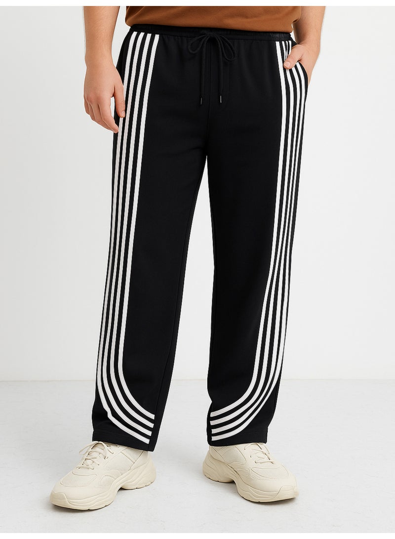 Maniac Maniac Mens Curved Stripe Black and White Cotton Baggy Fit Trackpant  - Image 1