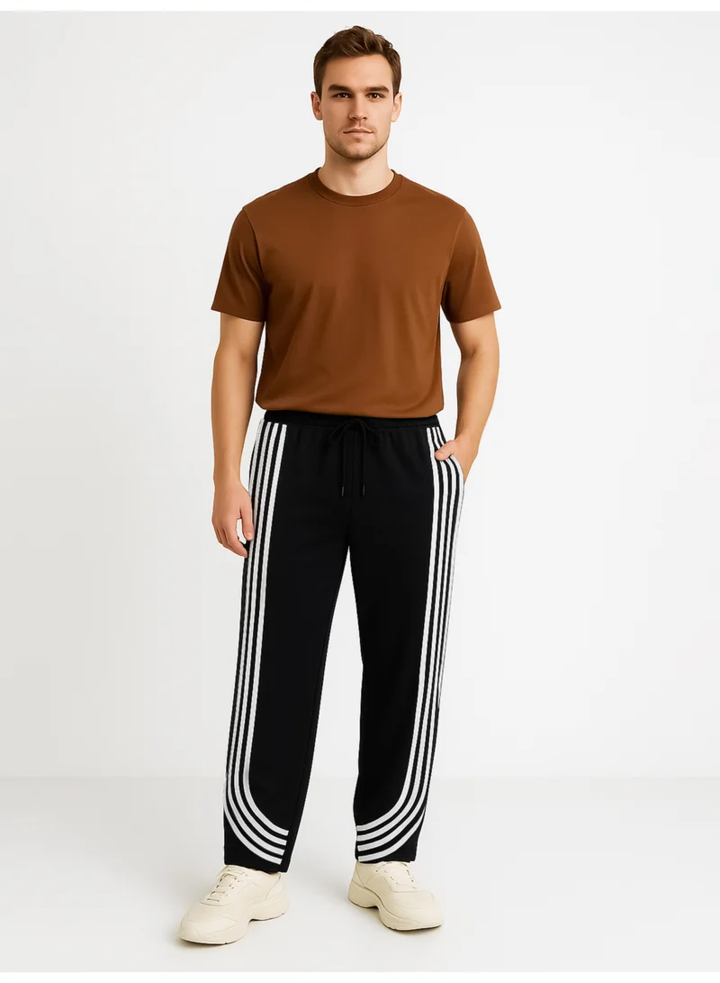 Maniac Maniac Mens Curved Stripe Black and White Cotton Baggy Fit Trackpant