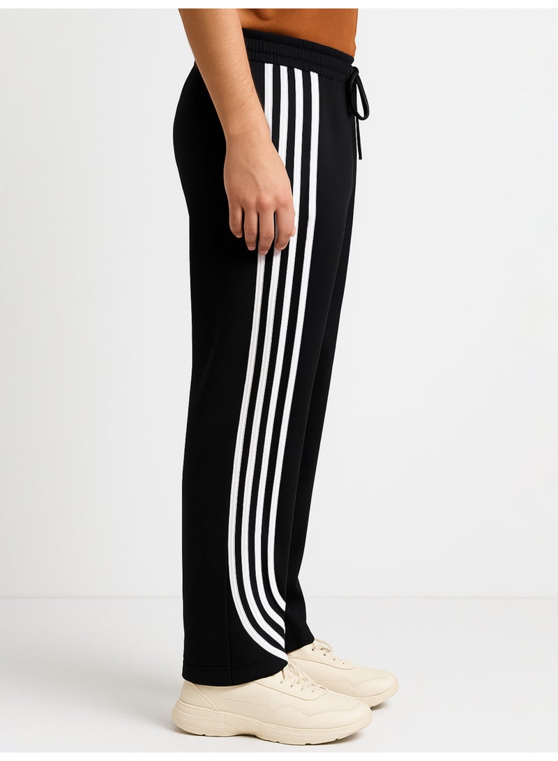 Maniac Maniac Mens Curved Stripe Black and White Cotton Baggy Fit Trackpant  - Image 2