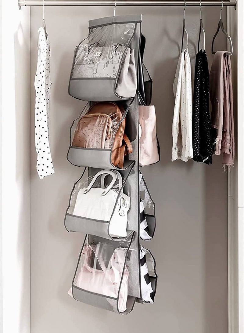 SYOSI Hanging Purse Organizer For Closet Clear Handbag for Purses, Handbags Etc. 8 Easy Access Clear Vinyl Pockets With 360 Degree Swivel Hook, Gray, 48” L x 13.8” W  - Image 2