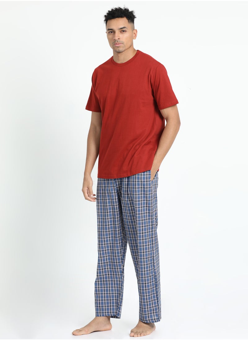 victor and jane Men's Cotton Pyjama Sets with Round Neck T-shirt in Red and Woven long pants  - Image 1
