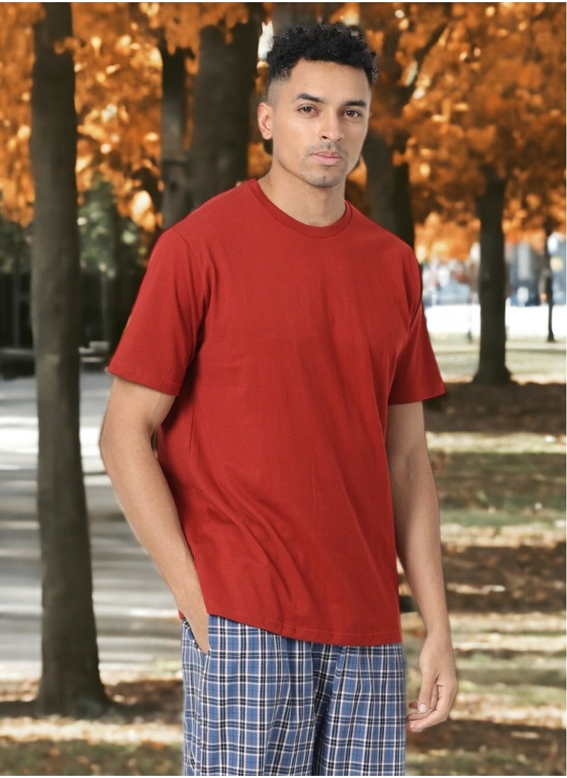 victor and jane Men's Cotton Pyjama Sets with Round Neck T-shirt in Red and Woven long pants  - Image 2