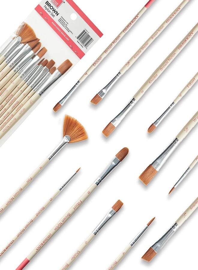 COLOUR BLOCK 12 Pack All Purpose Assorted Nylon Brushes (Brown) I Essentials for Watercolor Paint, Oil Paint Set, Kids School Supplies I Superior Detail Paint Brush Set for All Levels of Experience - Image 1