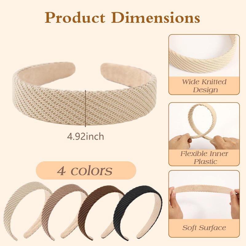 Auseibeely 4 Pcs Headbands for Women Girls Chunky Non Slip Headband 1 Inch Knitted Wide HeadBands for Women's Hair Trendy Fall Winter Solid Colors Soft Elastic Fabric Head Bands Accessories - Image 2