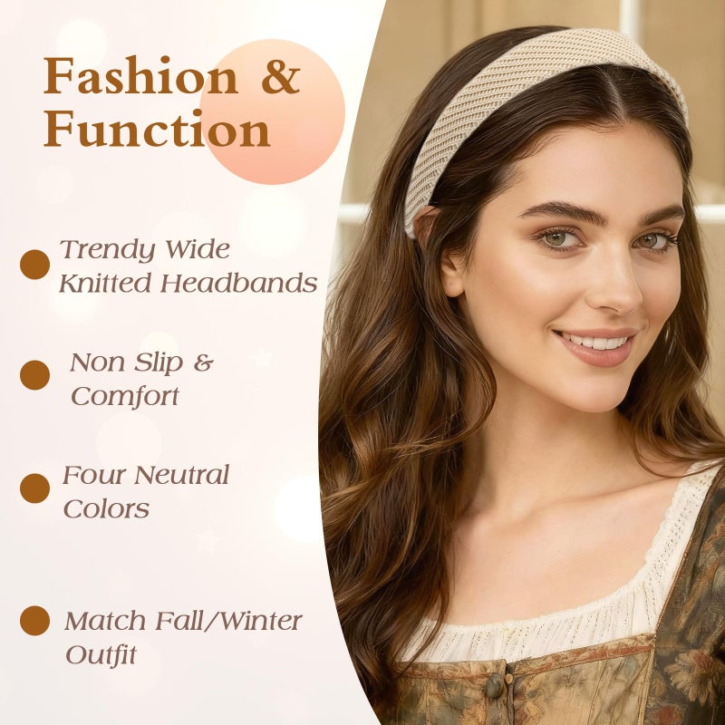 Auseibeely 4 Pcs Headbands for Women Girls Chunky Non Slip Headband 1 Inch Knitted Wide HeadBands for Women's Hair Trendy Fall Winter Solid Colors Soft Elastic Fabric Head Bands Accessories - Image 5
