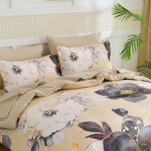 Yogeneg Queen Comforter Set 7 Piece Bed in a Bag,White Black Floral Botanical Pattern Khaki Bedding Set,Soft Microfiber Comforter with Sheet Set,All Season Bed Set(Khaki,Queen) - Image 2