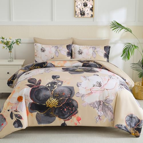 Yogeneg Queen Comforter Set 7 Piece Bed in a Bag,White Black Floral Botanical Pattern Khaki Bedding Set,Soft Microfiber Comforter with Sheet Set,All Season Bed Set(Khaki,Queen) - Image 1