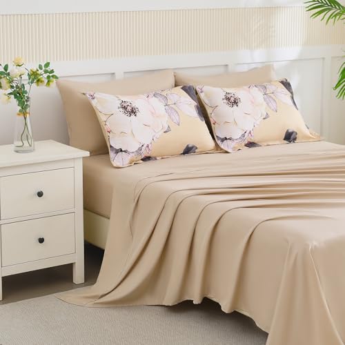 Yogeneg Queen Comforter Set 7 Piece Bed in a Bag,White Black Floral Botanical Pattern Khaki Bedding Set,Soft Microfiber Comforter with Sheet Set,All Season Bed Set(Khaki,Queen) - Image 4