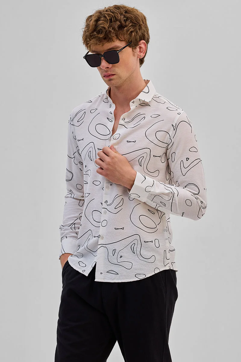 سنيتش Cream Abstract Long Sleeve Slim Fit Casual Shirt