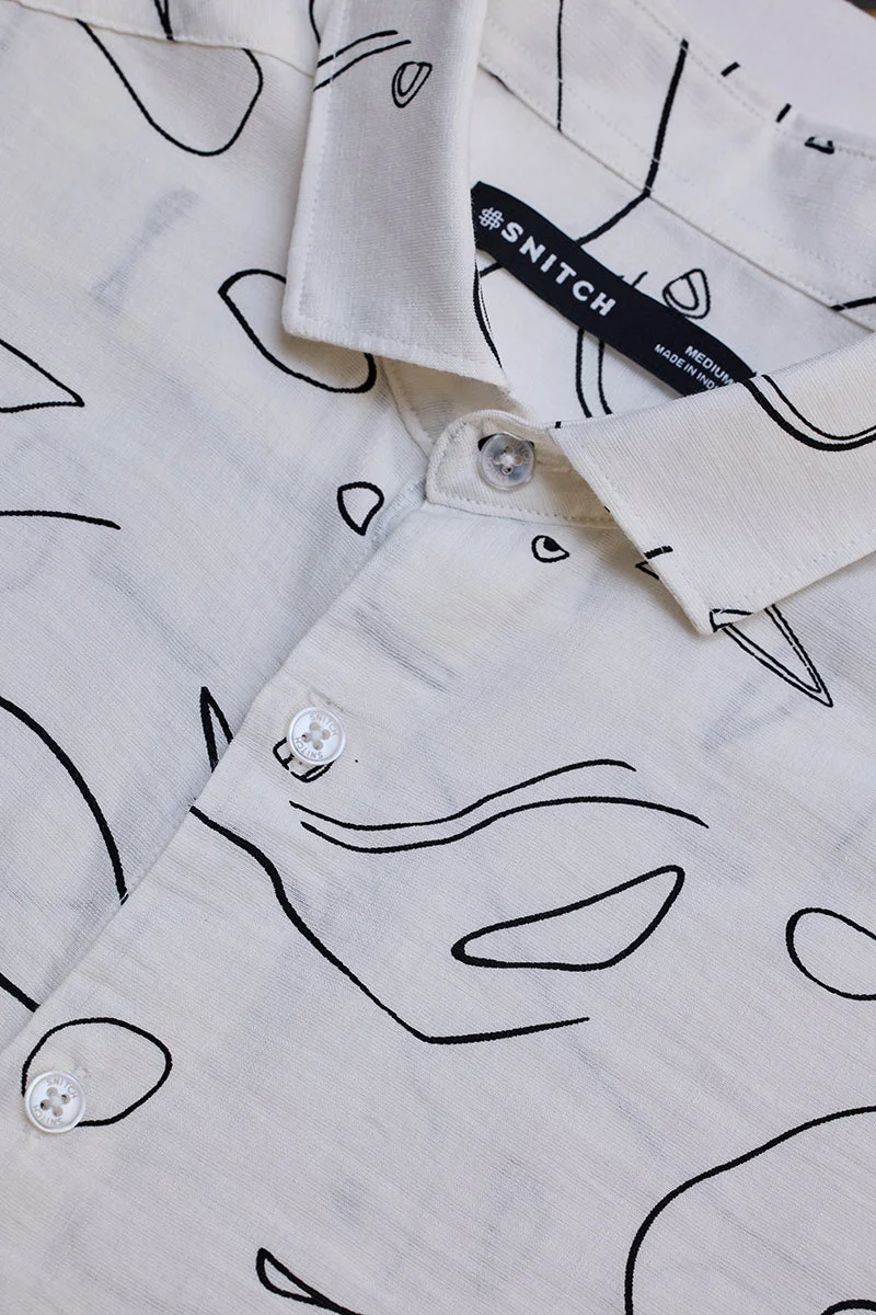 سنيتش Cream Abstract Long Sleeve Slim Fit Casual Shirt