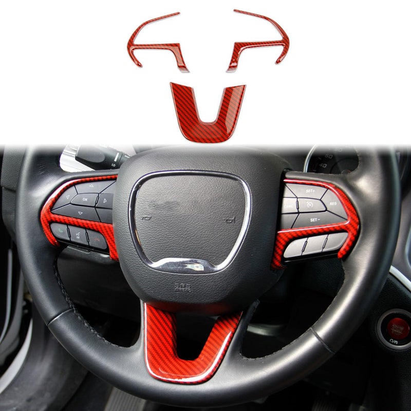 Crosselec Carbon Fiber Steering Wheel Cover Trim Bezels Accessories for Dodge Charger Challenger 2015 red carbon fiber