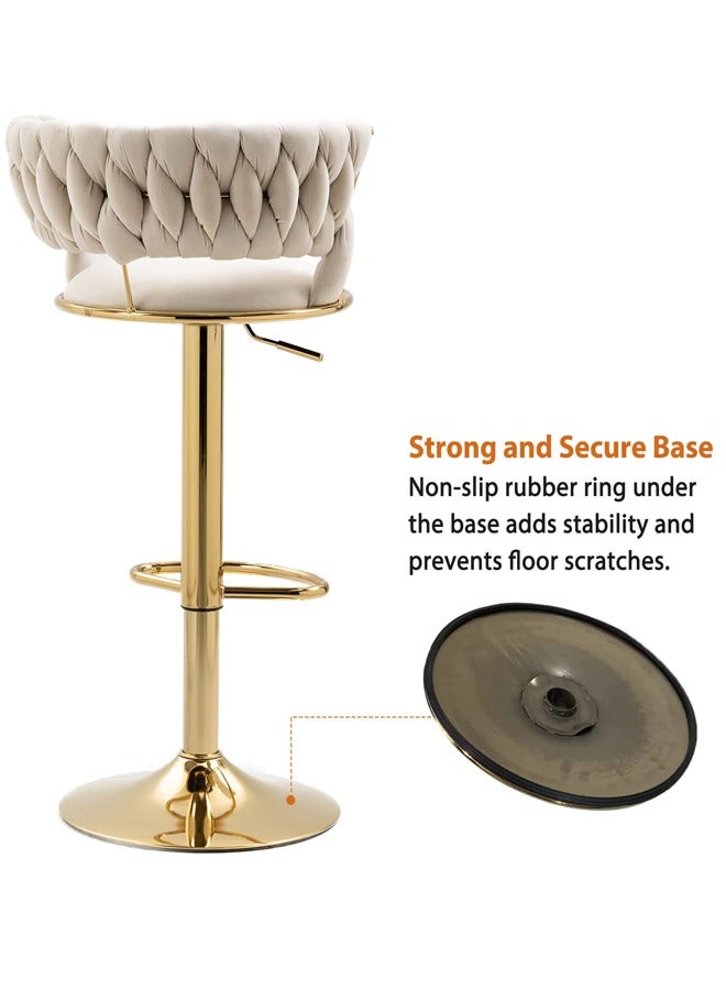 Bar Stools With Back 360° Woven Modern Adjustable Gold Bar Stools Swivel Counter Height Barstools With Footrest Gold Metal Tall Kitchen Chairs For Bar Pub Cafe
